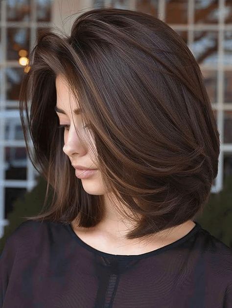 37 Chocolate Brown Hair Color Ideas Cool Dark Hair Color Ideas, Dimensional Brunette Straight Hair, Single Hair Color Ideas, Short Hair Chocolate Brown, Chocolate Brown Hair Bob, Brown Hair Color Inspiration, Short Haircut Color, Highlight Brown Hair, Neutral Brown Hair Color