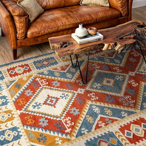 Hand Woven Navajo Inspired Southwestern Aztec Kilim Rug displayed in a cozy living room setting, showcasing its vibrant patterns Indoor Outdoor Porch, Outdoor Porch Decor, Navajo Culture, Red Kilim Rug, Southwestern Decor, Eco Friendly Decor, Southwestern Decorating, Nordic Decor, Indoor Decoration