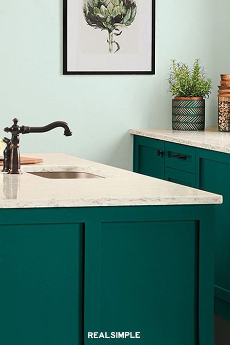 Sherwin Williams Cape Verde, Cape Verde Sherwin Williams, Turquoise Kitchen Cabinets, Kitchen Decor Trends, Countertops Marble, Custom Bench Seating, Kitchen 2022, Countertop Kit, Lower Cabinets