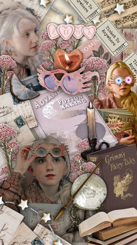 Luna From Harry Potter, Luna Lovegood Wallpaper, Luna Lovegood Art, Hogwarts Wallpaper, Pink Aesthetic Collage, Luna Lovegood Aesthetic, Vintage Wizard, Ravenclaw Pride, Harry Potter Painting