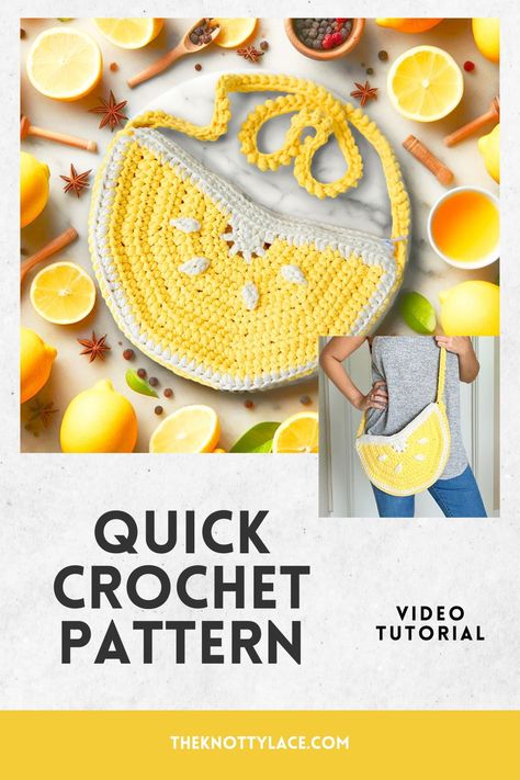 Adding a burst of vibrant yellow, a hint of whimsy, and a whole lot of style – that's the fun of our crochet Lemon Wedge Shoulder Bag. A quick crochet project to make and easily adjustable and so fun to make! Free pattern available. Yellow Crochet Bag, White Crochet Bag, Lemon Crochet, Lemon Bag, Crochet Kimono Cardigan, Crochet Lemon, Bag Gift Ideas, Quick Crochet Projects, Crochet Kimono