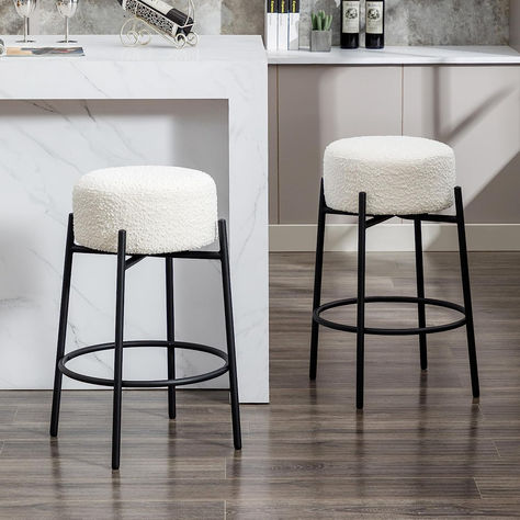 Zibeths 26'' Swivel Bar Stools, Backless Bar Stools for Kitchen Island, Modern Counter Stools Set of 2, Round Seat Bar Stools with Boucle Upholstery and Metal Legs, White Bar Stools For Kitchen Island, Bar Stools For Kitchen, Stools For Kitchen, Counter Stools With Backs, Black Counters, White Bar Stools, Modern Counter Stools, Stools For Kitchen Island, Backless Bar Stools