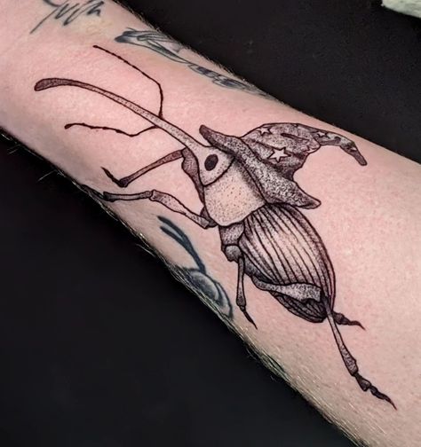 WEEVIL WIZARD 💥 ty aims for ur trust and for having the best ideas!! silly little guys in silly little hats forever 🧙‍♂️ . . . #tattoo #tattooapprentice #tattooartist #tattoostudent #pdxtattoo #portlandtattoo #queertattooartist #queertattooers #portlandtattooartist #oregontattoo #pnwtattoo #bug #bugtattoo #weevil #weeviltattoo #sillytattoo Bug Sleeve Tattoo, Weevil Tattoo, Stag Beetle Tattoo, Oregon Tattoo, Pnw Tattoo, Little Hats, Portland Tattoo, Beetle Tattoo, Forever Tattoo