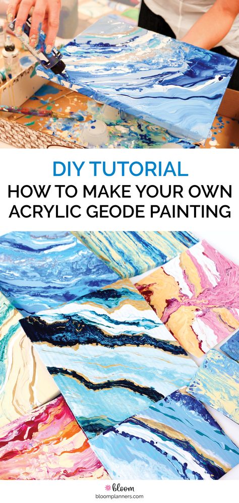 Marble Paint Pour Diy, How To Paint Geode, Easy Marble Painting, How To Create Marble Effect With Paint, How To Paint Marble Effect On Canvas, Geode Acrylic Painting, Geode Painting Acrylic Canvas, How To Crafts Step By Step, Marble Effect Painting