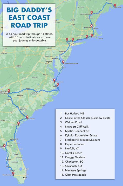 East Coast Road Trip: 15 Cool Destinations Along the Way Map Of East Coast, Mystic Aquarium, Cape Henlopen, Craggy Gardens, Walden Pond, Road Trip Places, East Coast Travel, East Coast Road Trip, Tourism Website