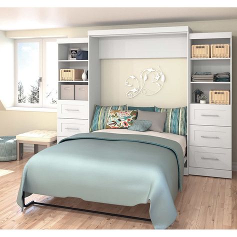 Boutique Queen Wall Bed with Two 25" Storage Units with Drawers in White Murphy Bed Ideas, Ikea Apartments, Murphy Bed Ikea, Queen Murphy Bed, Modern Murphy Beds, Murphy Bed Diy, Murphy Bed Plans, Micro Apartment, Murphy Beds