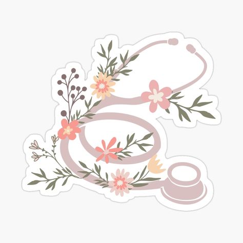 Stethoscope With Flowers, Stethoscope Drawing, Stethoscope Tattoo, Stethoscope Sticker, Nursing Stickers, Anatomy Stickers, Pink Stethoscope, Floral Stethoscope, Nursing Bag