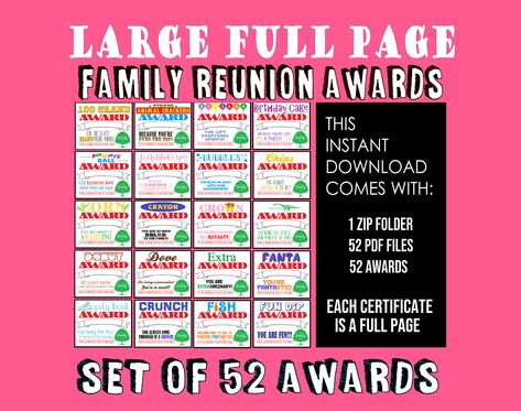 Family Reunion Awards, Family Reunion Themes, Family Reunion Activities, Pixie Sticks, Chocolate Labels, Reunion Games, Wedding Photo Booth Props, Award Ideas, Fun Dip