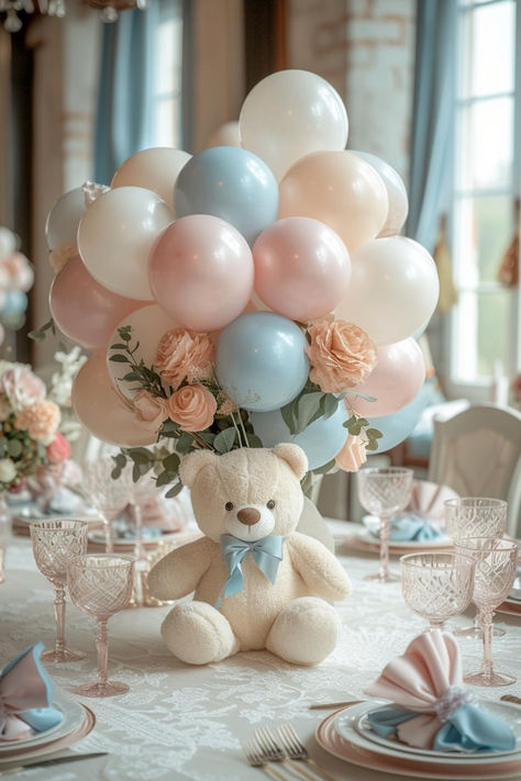 Unique Baby Shower Table Centerpieces, Round Table Centerpieces Baby Shower, Teddy Bear Party Centerpieces, Balloon Centerpieces Baby Shower Girl, Table Decor With Balloons, Center Pieces For Baby Shower Ideas, Baby Centerpieces For Tables, Simple Baby Shower Centerpieces For Boys, Teddy Bear Shower Centerpiece