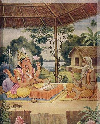 Ved Vyas And Ganesh, Ganesha Writing Mahabharata, Ved Vyas, Ancient Scriptures, Bappa Morya, Scene Drawing, Lord Ganesha Paintings, Ganesh Art, Hinduism Art