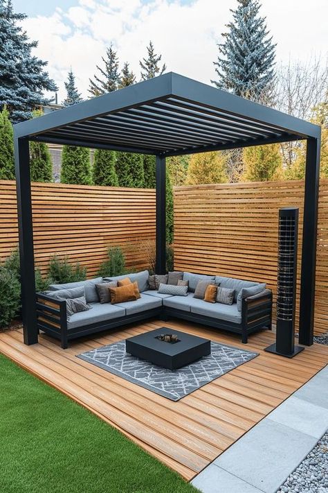 Unique Gazebo, Backyard Fence Ideas, Slatted Fence, Gazebo With Fire Pit, Diy Gazebo, Modern Gazebo, Gazebo Ideas, Garden Paradise, Small Courtyard Gardens