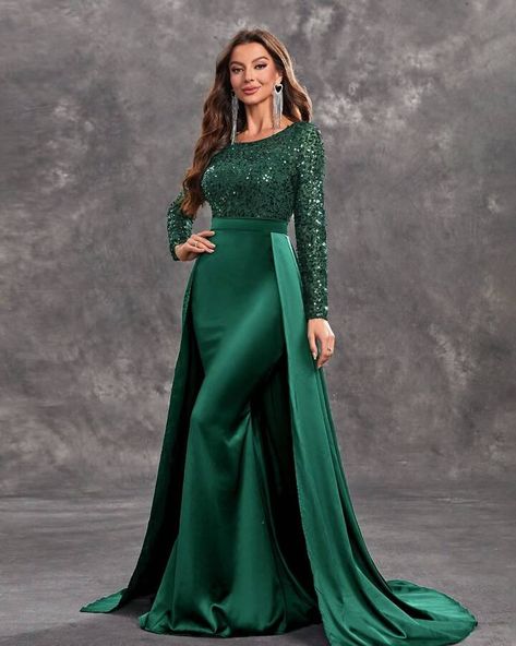 Giffniseti Women\ Long Sleeve Round Neck Sequin Patchwork Fish Tail Elegant Evening Dress Fitted Full-length Long Sleeve Evening Dress, Stretch Full-length Long Sleeve Party Dress, Hard Tail Long Sleeve Vintage Maxi Dress, Green Floor-length Evening Saree, Long Tail Dress, Green Long-sleeved Party Abaya, Elegant Evening Dress, Fish Tail, Mob Dresses