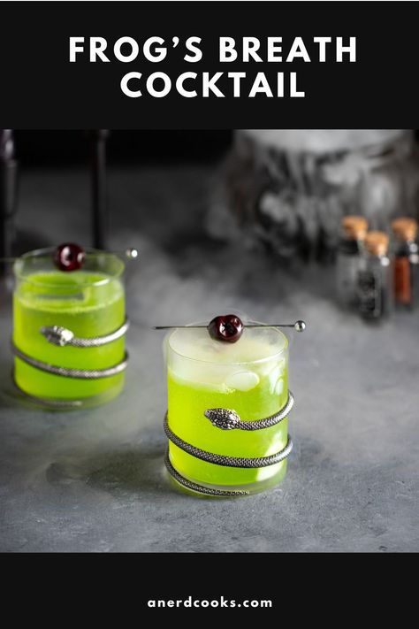 Halloween Themed Cocktail Recipes, Beetlejuice Cocktail Recipe, Frogs Breath Drink, Halloween Movie Themed Cocktails, Midori Cocktails, Midori Drinks, Witch’s Brew Cocktail, Green Cocktail, Halloween Movie Night