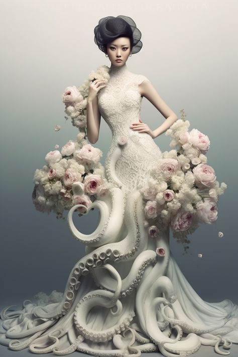 Wedding Dress With Flowers, Octopus Dress, Dress With Flowers, Conceptual Fashion, Dark Academia Fashion, Fairy Wedding, Wedding Dresses With Flowers, Fantasy Dresses, Queen Fashion