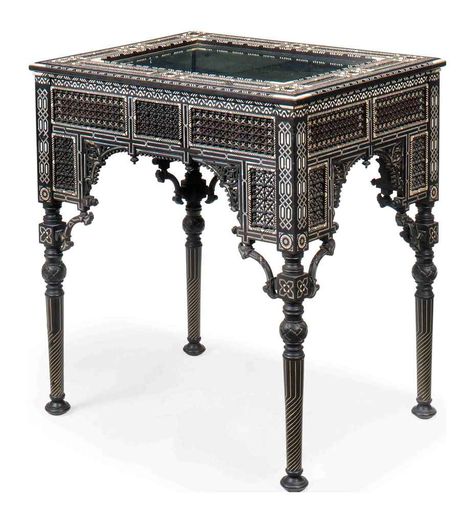 AN OTTOMAN EBONY, TEAK, IVORY, BONE AND MOTHER-OF-PEARL BIJOUTERIE TABLE Bedside Table Inspiration, Islamic Furniture, Ultra Modern Furniture, Chinoiserie Furniture, Antique Things, Luxurious Furniture, Bone Inlay Furniture, Inlay Furniture, Indian Furniture