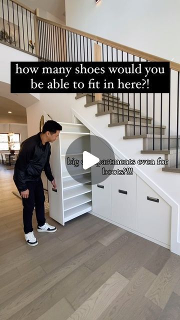 VIAM BUILDERS on Instagram: "Since you guys have been LOVING our innovative shoe storage here’s another look! It has no one but four pull outs all with different size compartments for any kind of shoe you can think of. Boots, heels, sneakers, slippers, even platform crocs.

If you weren’t to put shoes in it what would you put?? 

#ViamBuilders #homeimprovementideas #homestorageideas #shoestorageideas #shoestorage" Stairwell Storage Ideas, Pull Out Shoe Storage, Shoe Storage Under Stairs, Platform Crocs, Sneakers Slippers, Under The Stairs, Storage House, Heels Sneakers, Understairs Storage