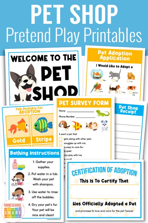 Pet Printables Free Preschool, Pretend Pet Shop, Dramatic Play Signs Free Printable, Pet Store Preschool Dramatic Play, Pet Shop Dramatic Play Preschool Center Ideas, Vet Shop Dramatic Play, Free Vet Clinic Printables, Pet Adoption Dramatic Play, Pet Dramatic Play Center