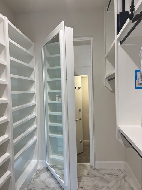 Hidden Safe Room In Closet, Walk In Closet With Stairs, Closet With Hidden Storage, Built In Safe Closet, Safe Room In Closet, Safe Room Ideas Master Closet, Master Closet With Safe, Hidden Safe Rooms In Houses, Safe Rooms In Houses