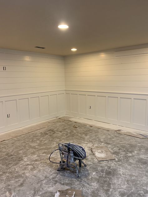 Metal Basement Walls, Basement Half Wall Ledge Ideas, Basement Wall Ideas Without Drywall, Paneled Basement, Mobile Home Walls, Autumn Drive, House Flips, Farmhouse Reno, Finish Basement