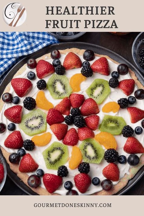 This Healthy Fruit Pizza is a great summer dessert and makes a perfect 4th of July Fruit Pizza. Use any fruit you wish! Similar to the fruit pizza recipes made with sugar cookie dough from Pillsbury, except that it’s homemade, made with a flour and oatmeal crust and has been lightened up. Unlike many fruit pizza recipes that are 500 calories a slice or 21 ww smart points, this fruit pizza has only 243 calories and 10 ww smart points. 4th Of July Fruit Pizza, Best Fruit Pizza, 4th Of July Fruit, Oatmeal Crust, Healthy Fruit Pizza, Sugar Cookie Crust, Fruit Pizza Recipe, Sugar Free Jello, Cake Mug