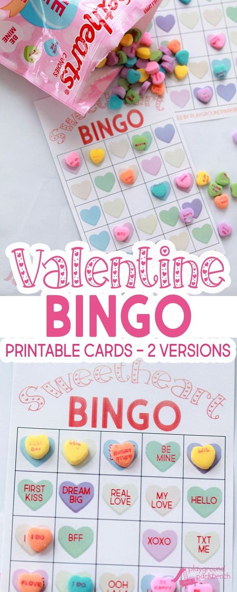 Our Valentine Bingo game printable features 2 different sets of 20 unique game cards. Play the colored hearts version with at your preschool Valentine's Day party, or opt for the conversation heart phrase version for your early readers | Party Games | Valentine's Day | Kids Activities | Candy Hearts | Sweethearts | Room Mom Ideas Kids Valentine Party, Valentines Class Party, Valentine Bingo, Kindergarten Valentines, Valentines Bricolage, Games For, Valentines Games, Valentinstag Party, Valentine's Day Games