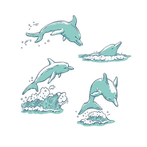 Dolphin Illustration Art, Dolphin Swimming Drawing, Dolphin Drawing Reference, Dolphin Jumping Out Of Water Drawing, Dolphin Aesthetic Drawing, Dolphin Illustration Design, Dolphin Drawing Aesthetic, Dolphin Aesthetic Art, Dolphins Illustration