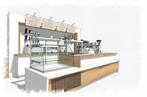 Coffee bar sketchup. Like the style of this 3d Bar Design, Coffee Bar Drawing, Coffee Shop Design Drawing, Commercial Coffee Bar Design, Cafe Concept Ideas, Bar Coffee Design, Coffee Bar Interior Design, Coffee Shop Counter, Hand Rendering