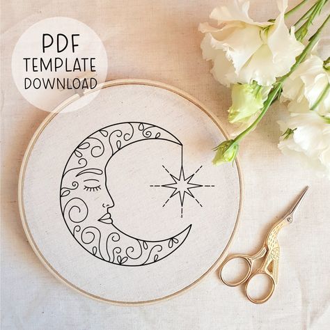 Moon Face Celestial Embroidery Pattern Design, PDF Instant Download, Hand Embroidery Moon, Moon Embroidery Pattern, Download Embroidery PDF Moon Embroidery Pattern, Back Stitch Embroidery, Celestial Embroidery, Embroidery Pattern Design, Moon Embroidery, Face Embroidery, Pattern Template, Moon Moon, Types Of Stitches