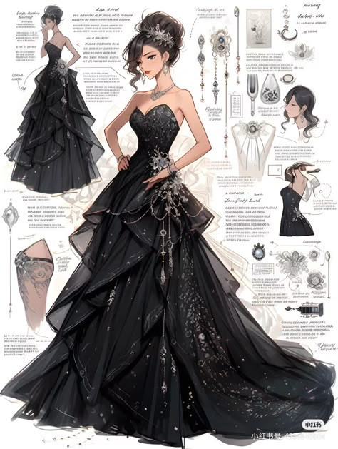 Fantasy Black Dress Art, Fantasy Dress Drawing Black, Anime Prom Dress Drawing, Royalty Dress Drawing, Black Ethereal Dress, Black Dress Sketch, Masquerade Dress Ideas, Fantasy Dress Black, Black Dress Drawing