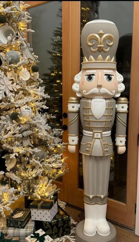 Silver And Gold Nutcracker, Neutral Color Nutcracker, Neutral Painted Nutcracker, Large Nutcracker Front Porch, Walmart Nutcracker Painting Ideas, Big Nutcrackers, Neutral Nutcracker, Nutcracker Colors, Walmart Nutcracker Makeover