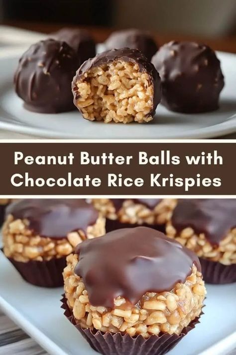 Peanut Butter Balls with Chocolate Rice Krispies Chocolate Peanut Butter Rice Crispy Balls, Chocolate Rice Crispy Balls, Chocolate Rice Krispie Balls, Rice Crispy Balls, Peanut Butter Rice Krispie Balls, Peanut Butter Rice Crispy Treats, Peanut Butter Rice Crispies, Chex Recipes, Peanut Butter Rice Krispies