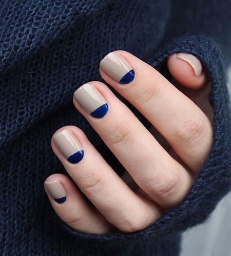 The Moon on your Nails No one could go wrong with a nude nail. But of course, it’s blunt and dull. Adding a hint of royal blue can make it look extremely classy even when it’s a simple design. Source… Continue Reading → Do It Yourself Nails, Color Block Nails, Half Moon Nails, Moon Manicure, Moon Nails, Easy Nails, Nail Swag, Fall Nail Art, Rocker Chic