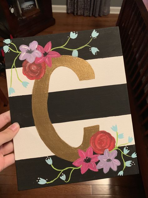 Painted Initial Letters, Letter Canvas Painting Initials, Cute Sorority Letters Painted, Sorority Letters Painted Flower, Wood Letter Painting Ideas Initials, Initial Canvas, Best Friend Christmas Gifts, Initial Art, Monogram Painting