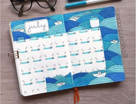 bullet journal ocean/water theme Ocean Themed Journal, Ocean Theme Bullet Journal, Ocean Journal Ideas, Bujo Ocean Theme, Journal Beach Theme, Beach Bujo, Ocean Bullet Journal, Water Tracker Bullet Journal, Ocean Journal