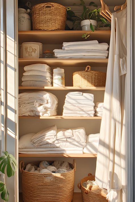 Hall Closet Organization, Minimal Bathroom Design, Simple Bathroom Decor, House Organisation, Linen Cupboard, Cottage Bathroom, Linen Closet Organization, Hall Closet, Cleaning Closet