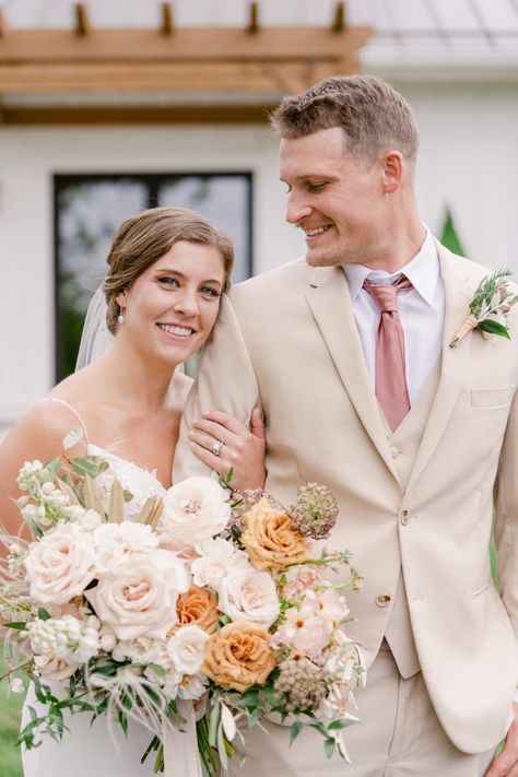 Luxurious Terracotta and Blush Modern Boho Wedding Peach Wedding Suit Men, Light Colored Groom Suit, Pink Terracotta Wedding, Light Tan Tux Wedding, Tan Suit Pink Tie, Peach Wedding Groomsmen, Peach Groomsmen Attire, Tan And Pink Wedding, Spring Wedding Suits For Men