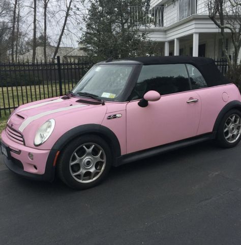 Pink Mini Cooper Convertible, Cute Convertible Car, Light Pink Car, Pink Mini Cooper, Mini Cooper Aesthetic, Cute Small Cars, Pink Mini Coopers, Mini Cooper Accessories, Mini Cooper Custom