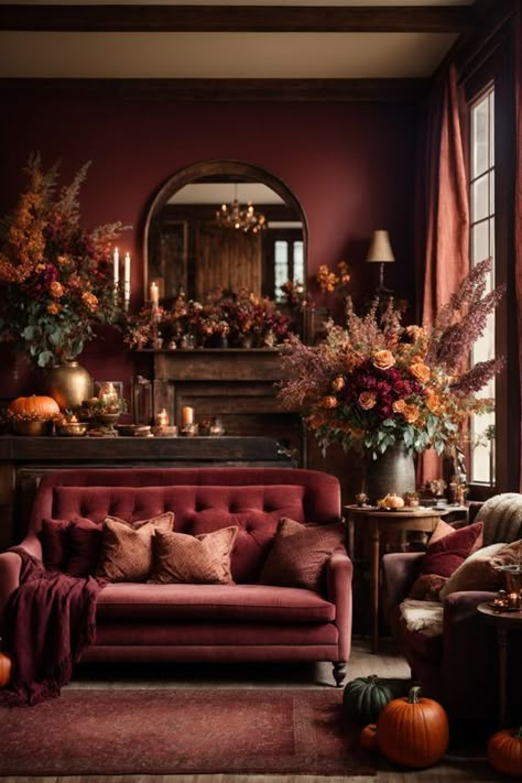 Beautiful Wild Universe Fall Interior Design, Cozy Environment, Table Fireplace, Autumn Interior, Fall Lovers, Red Living, Fall Living Room, Interior Wall Paint, Living Room Red