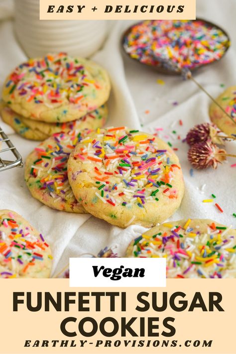 These Vegan Funfetti Sugar Cookies are thick and soft and full of rainbow sprinkles! This vegan cookie recipe is super simple to make and is perfect for beginners. Vegan Sprinkle Cookies, Sugar Cookie Recipe Vegan, Vegan Funfetti Cookies, Easy Vegan Sugar Cookies, Simple Vegan Cookies, Vegan Sugar Cookies Cut Outs, Vegan Baked Goods Recipes, Easy Vegan Christmas Cookies, Vegan Gf Cookies