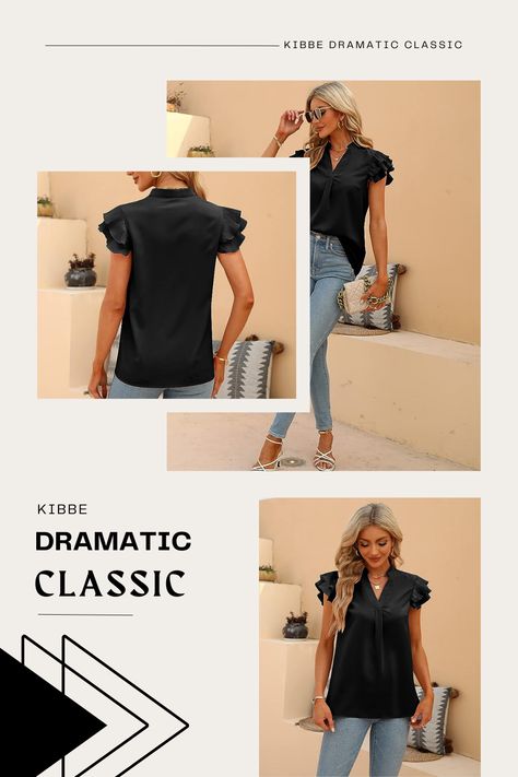 Sucolan Womens Summer Tops Notch V Neck Cute Ruffle Sleeve Blouse Business Dressy Casual Shirts perfect for a kibbe dramatic classic outfit! Kibbe Dramatic Classic, Kibbe Dramatic, Flowy Shirts, Business Casual Top, True Summer, Dramatic Classic, Shirts Cute, Classic Outfit, Chic Shirts