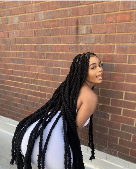 Silk Twist Braids, Yarn Twist Hairstyles Long, Wool Twist Braids Hairstyles, Long Rope Twist, Long Marley Twists, Twisted Braid Hairstyles, Wool Braids, Long Twist Braids, Braid Hairstyle Ideas