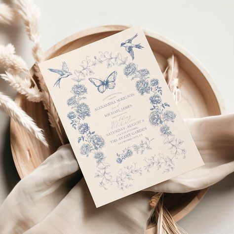 Blue White Chinoiserie Floral Porcelain Wedding Invitation Blue And White Wedding Florals, Wedding Toile, Toile Wedding Invitations, Coastal Grandmother Wedding Invitations, Vintage Toile Wedding Invitations, Baby Blue Wedding Theme, Chinoiserie Invitation, Cream Wedding Theme, French Aesthetics