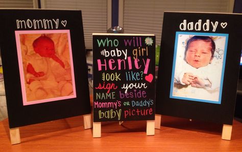 Baby Shower - Who will baby look like?  1. 3 Chalkboards, 2 large, 1 medium 2. Baby Picture of Mommy 3. Baby Picture of Daddy 4. Chalk Markers Baby Shower Parents Baby Pictures, Baby Shower Pictures Of Parents, Bridal Shower Pictures, Baby Ellie, Baby Shower Pictures, Disney Baby Shower, Mom Pictures, Dad Baby, Parents Baby