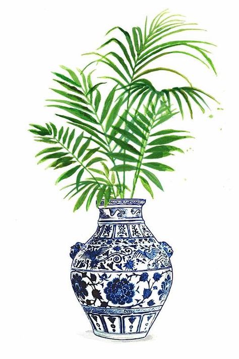 Green Palace, Palm Leaf Art, Chinoiserie Art, Leaves Art, China Blue, Soyut Sanat Tabloları, 수채화 그림, Blue Vase, Blue China