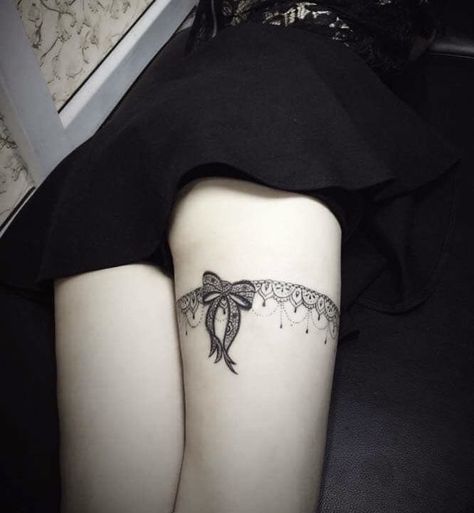 Lace Thigh Tattoos, Lace Garter Tattoos, Corset Tattoo, Lace Bow Tattoos, Thigh Garter Tattoo, Thigh Band Tattoo, Leg Band Tattoos, Back Of Leg Tattoos, Tattoo Lace