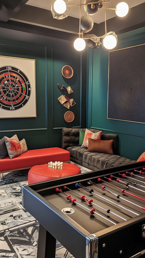 Revamp your game space with Aries energy! ⚡️ Dive into excitement with a sleek foosball table, hit the bullseye on the dart board, and admire bold wall art 🎨. Enjoy dynamic lighting and ultra-comfy seating for hours of fun and fierce competition! 🎯⚽️🛋️ #GameOn Billard Room Aesthetic, Classy Game Room Ideas, Recreational Room Interior Design, Classy Game Room, Black And White Game Room, Moody Game Room, Game Room Aesthetic, Apartment Game Room, Luxury Game Room