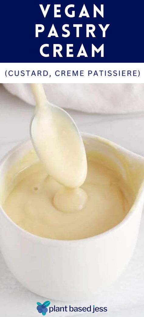 Make a vegan pastry cream (custard) within 10 minutes with this very easy recipe! It includes only 4 ingredients that you probably already have on hand and it makes for the BEST sweet vanilla-flavored sauce for tarts, fruit crumbles, cakes and donuts. Vegan Custard Recipe, Vegan Custard, Vegan Afternoon Tea, Vegan Pastry, Egg Free Desserts, Pastry Cream Recipe, Vegan Dips, Apple Cakes, Vegan Pudding