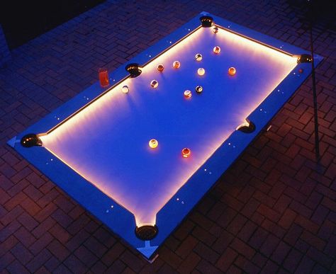 Glowing pool table. Much more fun at night Outdoor Pool Table, Custom Pool Tables, Pool Rooms, Have Inspiration, Pool Table, Cool Pools, Billiard Table, Ping Pong, Outdoor Fun