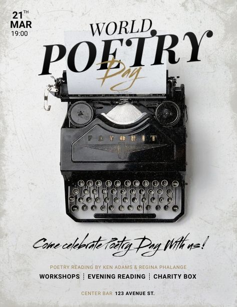 World Poetry Day Flyer Template | PosterMyWall World Poetry Day Creative Ads, Poetry Day Ideas, World Poetry Day Poster, Poetry Reading Event, Poetry Event Poster, All Souls Day Poster, Poetry Poster Design, Poetry Posters Design, Poetry Layout