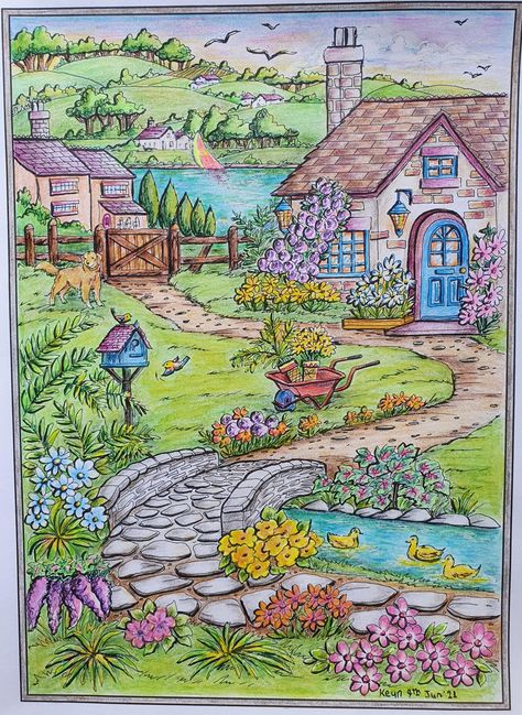 Aesthetic Scenery Drawing, Pencil Color Drawing Creative, Creative Haven Coloring Books Finished, Painted Laptop, Beautiful Scenery Drawing, Village Drawing, Teresa Goodridge, Creative Haven Coloring Books, Drawing Scenery